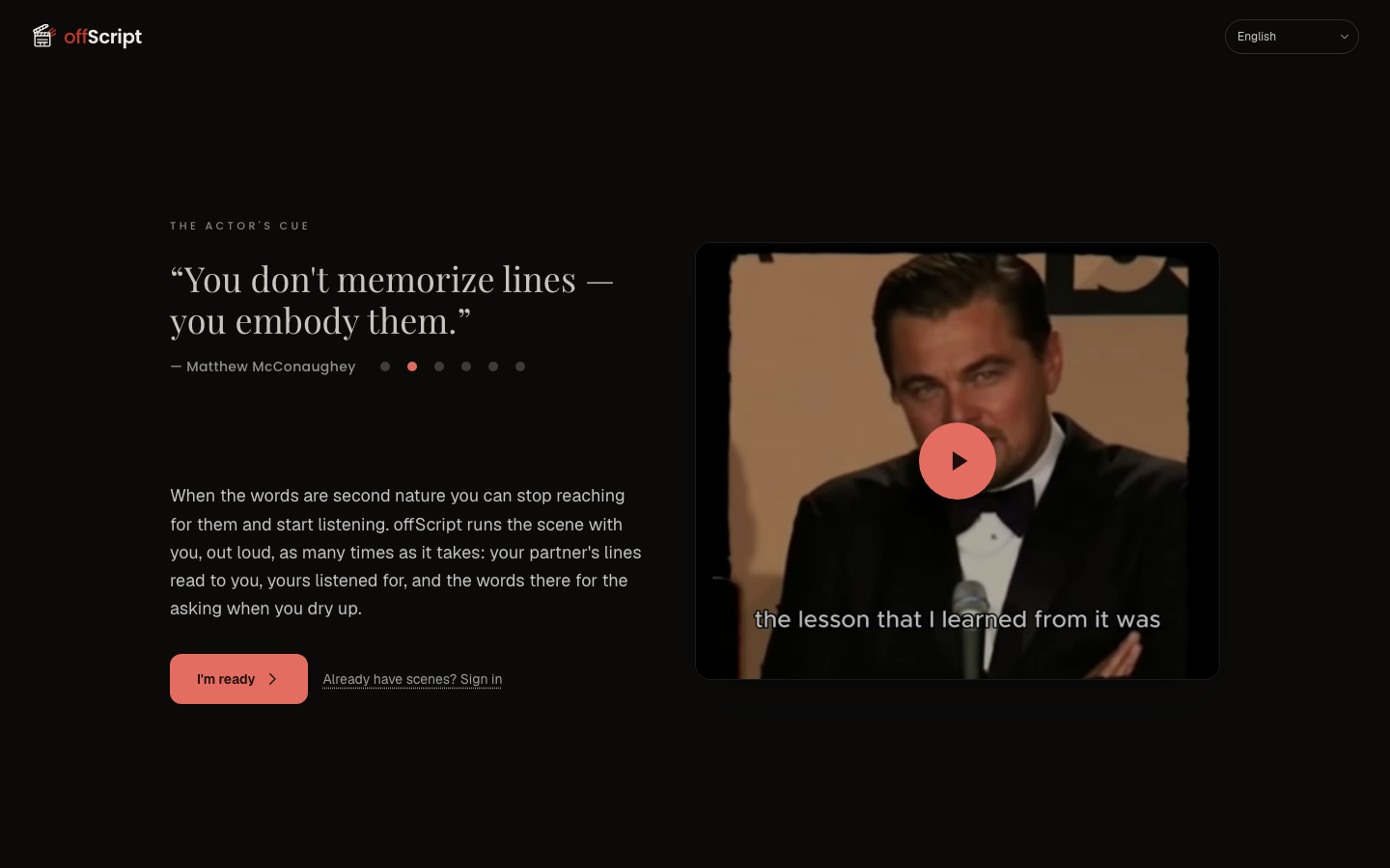 offScript home page: a dark stage-lit landing with an actor's quote, a video clip, and an I'm ready button.